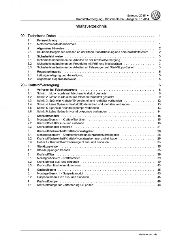 VW Scirocco Typ 13 (14-17) Kraftstoffversorgung Dieselmotoren Reparaturanleitung