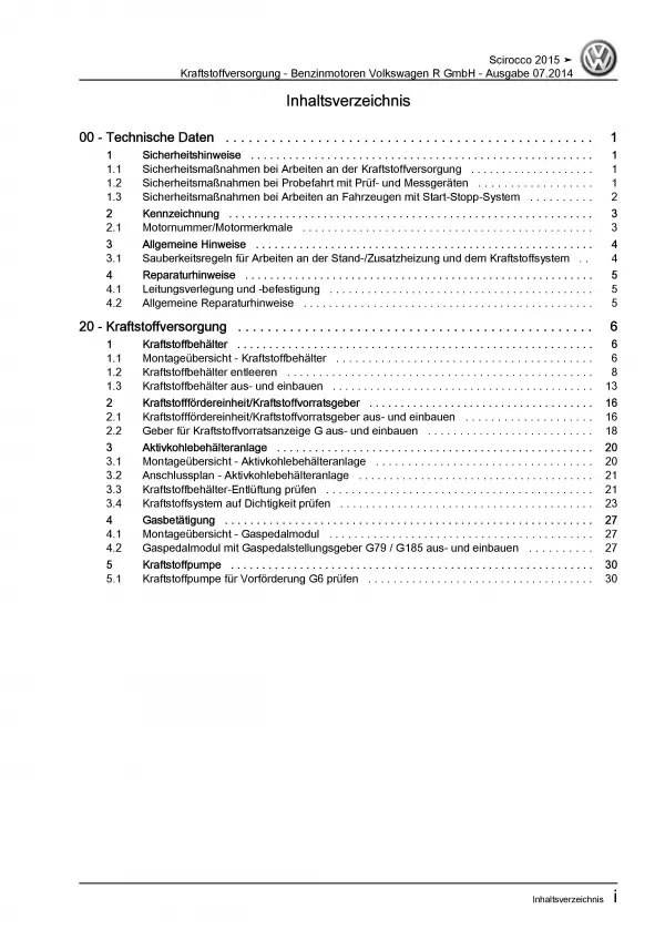 VW Scirocco (14-17) R-Modell Kraftstoffversorgung Benzin Reparaturanleitung PDF