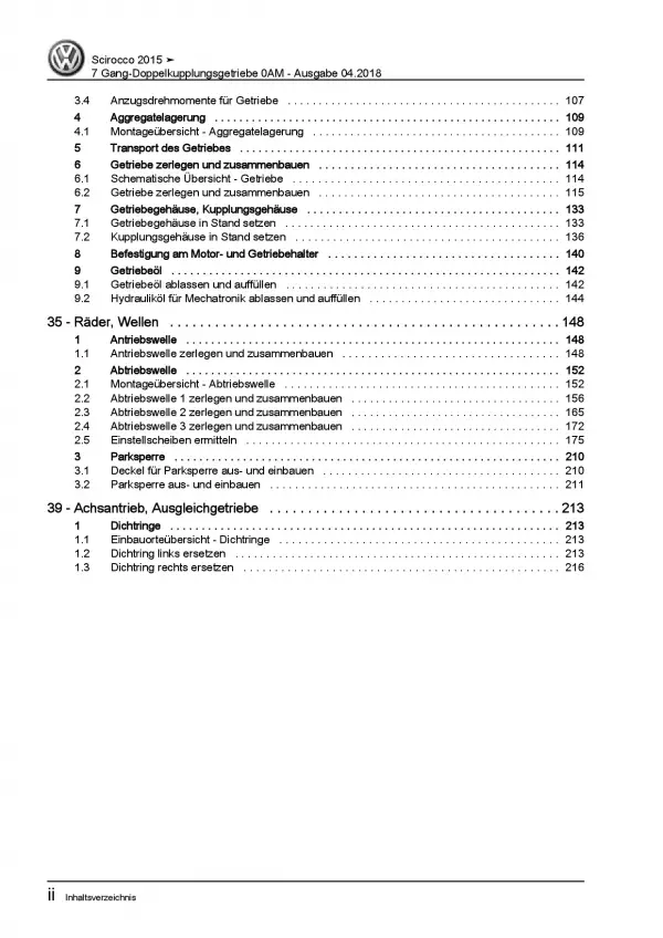 VW Scirocco 13 (14-17) 7 Gang Automatikgetriebe 0AM DKG Reparaturanleitung PDF