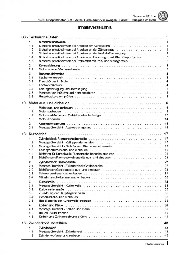 VW Scirocco 13 R (14-17) 2,0l Benzinmotor 256-280 PS Reparaturanleitung PDF