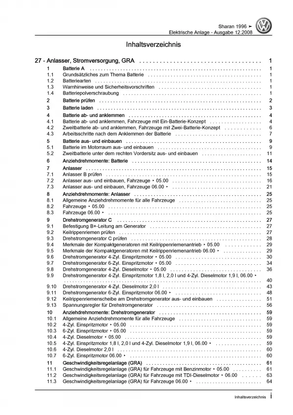 VW Sharan 7M (95-10) Elektrische Anlage Elektrik Systeme Reparaturanleitung PDF