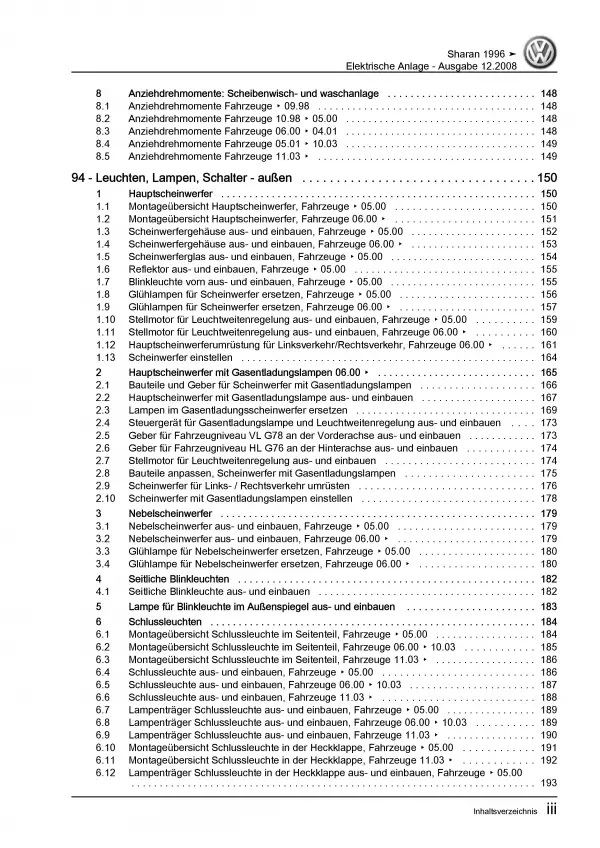 VW Sharan Typ 7M (95-10) Elektrische Anlage Elektrik Systeme Reparaturanleitung