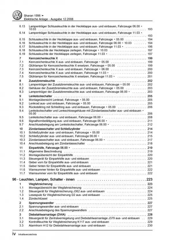 VW Sharan 7M (95-10) Elektrische Anlage Elektrik Systeme Reparaturanleitung PDF