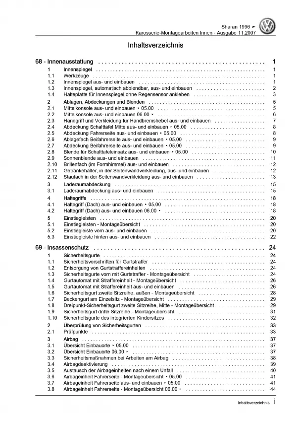 VW Sharan Typ 7M (95-10) Karosserie Montagearbeiten Innen Reparaturanleitung PDF