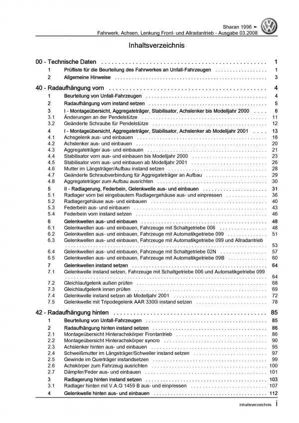 VW Sharan Typ 7M (95-10) Fahrwerk Achsen Lenkung FWD AWD Reparaturanleitung PDF