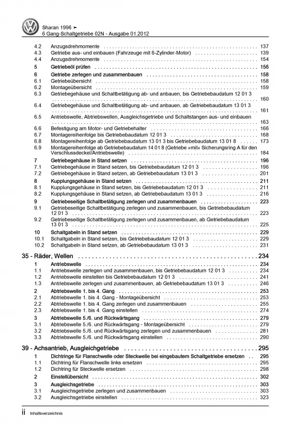 VW Sharan 7M (95-10) 6 Gang Schaltgetriebe 02N Kupplung Reparaturanleitung PDF