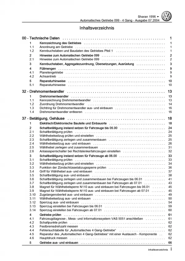 VW Sharan Typ 7M 1995-2010 4 Gang Automatikgetriebe 099 Reparaturanleitung PDF