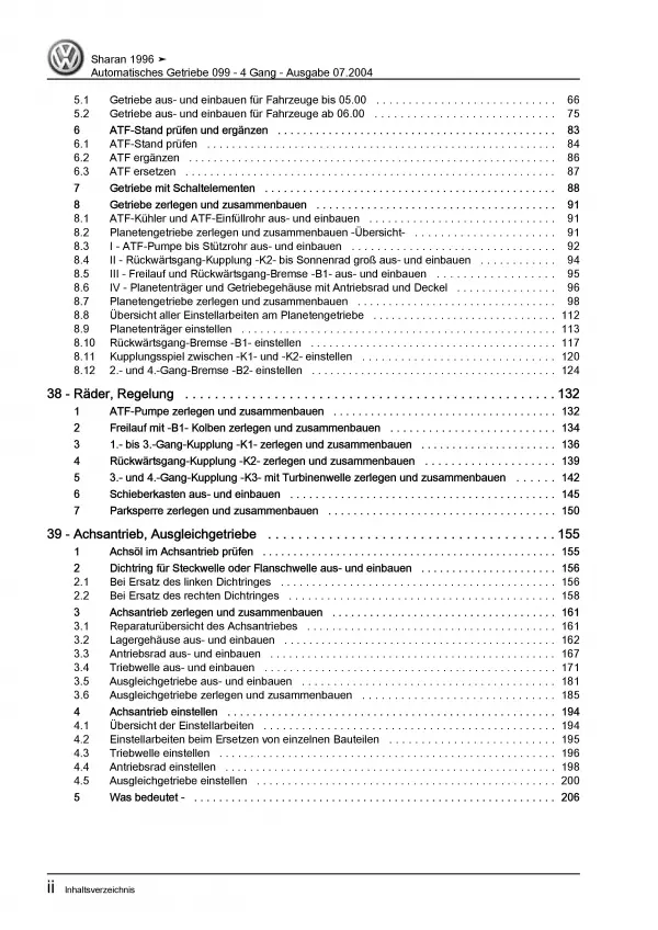 VW Sharan Typ 7M 1995-2010 4 Gang Automatikgetriebe 099 Reparaturanleitung PDF