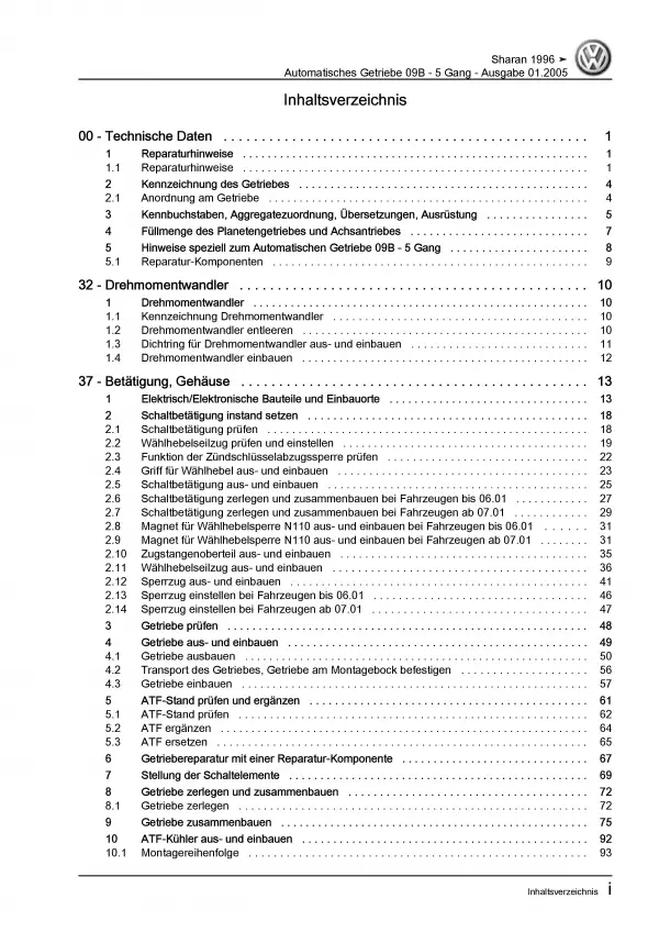 VW Sharan Typ 7M 1995-2010 5 Gang Automatikgetriebe 09B Reparaturanleitung PDF