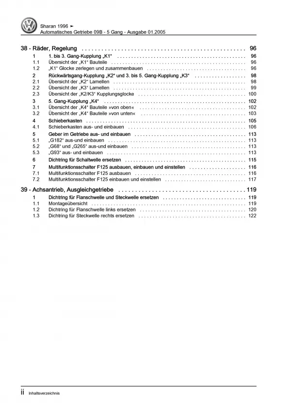 VW Sharan Typ 7M 1995-2010 5 Gang Automatikgetriebe 09B Reparaturanleitung PDF