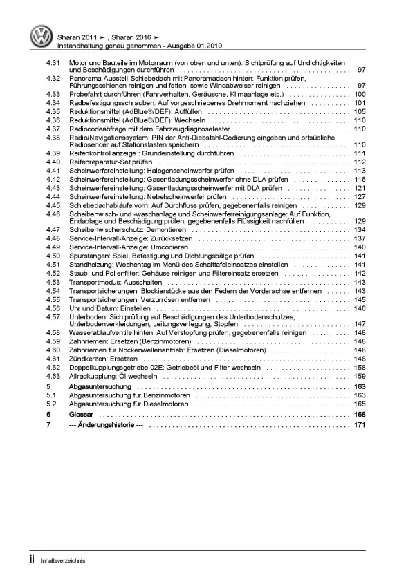 VW Sharan 7N ab 2010 Instandhaltung Inspektion Wartung Reparaturanleitung PDF