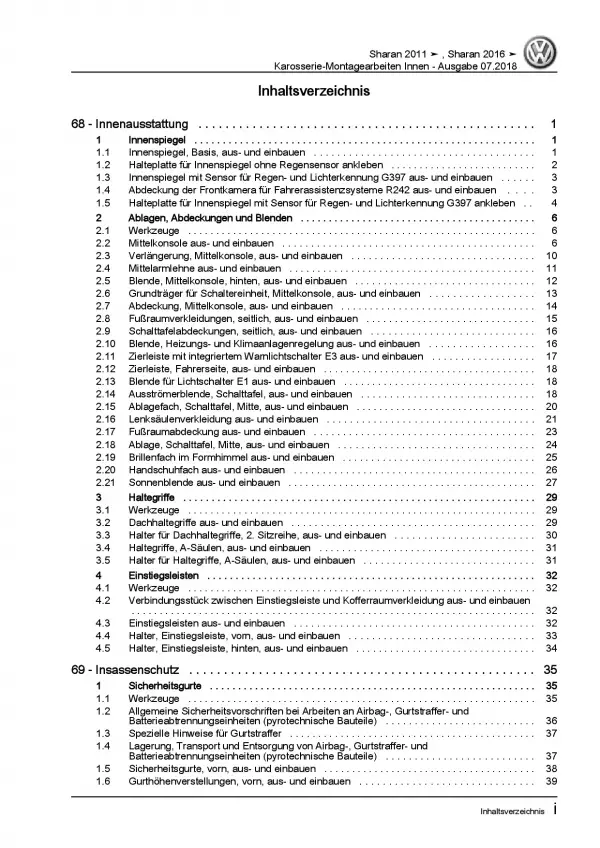 VW Sharan Typ 7N ab 2010 Karosserie Montagearbeiten Innen Reparaturanleitung PDF