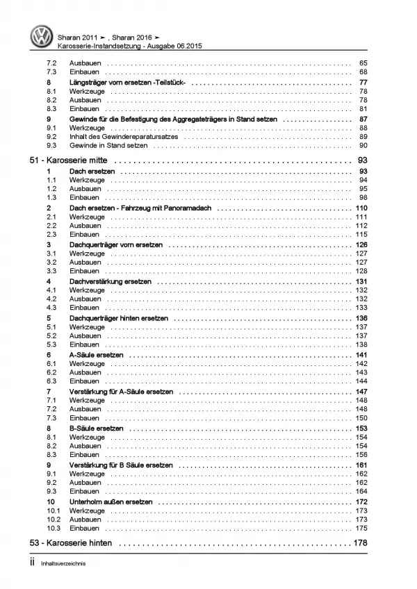 VW Sharan Typ 7N ab 2010 Karosserie Unfall Instandsetzung Reparaturanleitung PDF