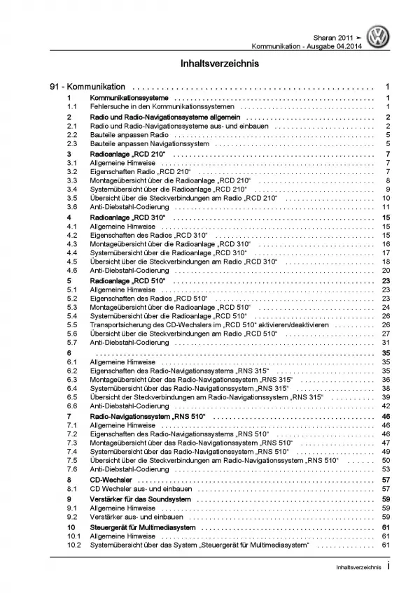 VW Sharan Typ 7N 2010-2015 Radio Navigation Kommunikation Reparaturanleitung PDF