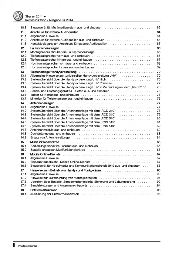 VW Sharan Typ 7N 2010-2015 Radio Navigation Kommunikation Reparaturanleitung PDF