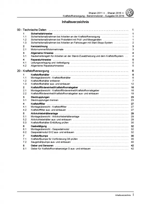 VW Sharan Typ 7N ab 2010 Kraftstoffversorgung Benzinmotoren Reparaturanleitung