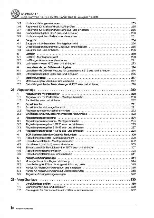 VW Sharan 7N 2010-2015 4-Zyl. 2,0l Dieselmotor TDI 115-177 PS Reparaturanleitung