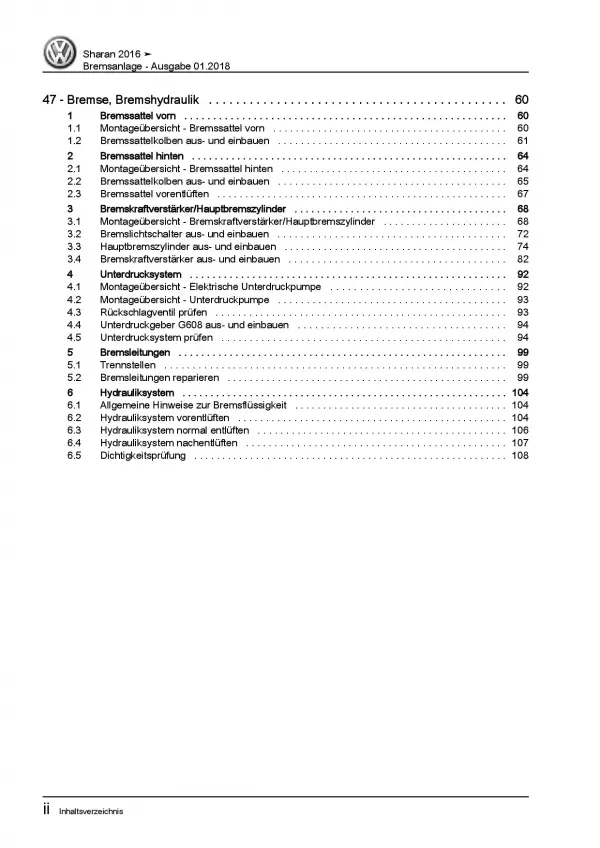 VW Sharan Typ 7N ab 2015 Bremsanlagen Bremsen System Reparaturanleitung PDF