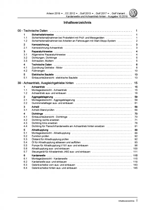 VW Sharan Typ 7N ab 2015 Kardanwelle Achsantrieb hinten Reparaturanleitung PDF