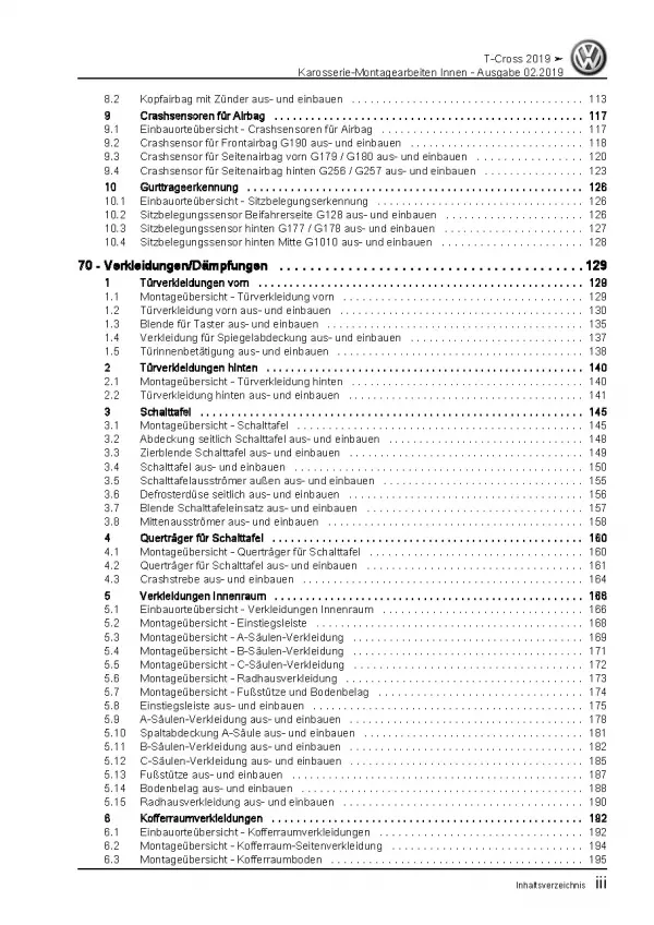 VW T-Coss Typ C1 ab 2018 Karosserie Montagearbeiten Innen Reparaturanleitung PDF