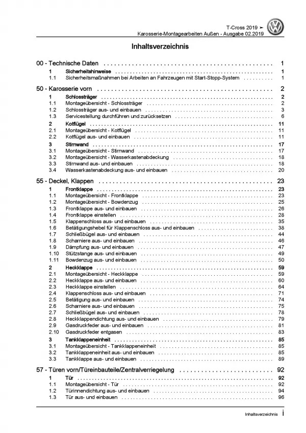 VW T-Coss Typ C1 ab 2018 Karosserie Montagearbeiten Außen Reparaturanleitung PDF