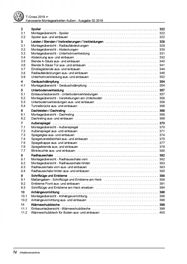 VW T-Coss Typ C1 ab 2018 Karosserie Montagearbeiten Außen Reparaturanleitung PDF