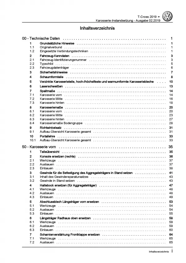 VW T-Coss Typ C1 ab 2018 Karosserie Unfall Instandsetzung Reparaturanleitung PDF