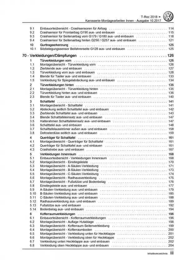 VW T-Roc Typ A1 ab 2017 Karosserie Montagearbeiten Innen Reparaturanleitung PDF