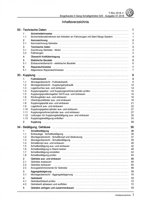 VW T-Roc A1 ab 2017 6 Gang Schaltgetriebe 02S Kupplung Reparaturanleitung PDF