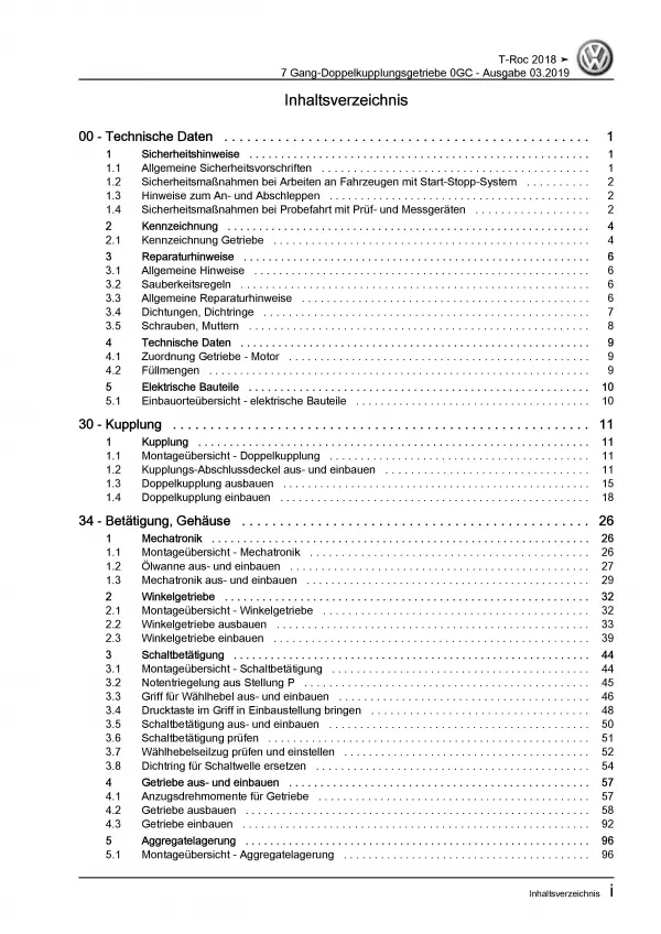 VW T-Roc Typ A1 ab 2017 7 Gang Automatikgetriebe DKG 0GC Reparaturanleitung PDF