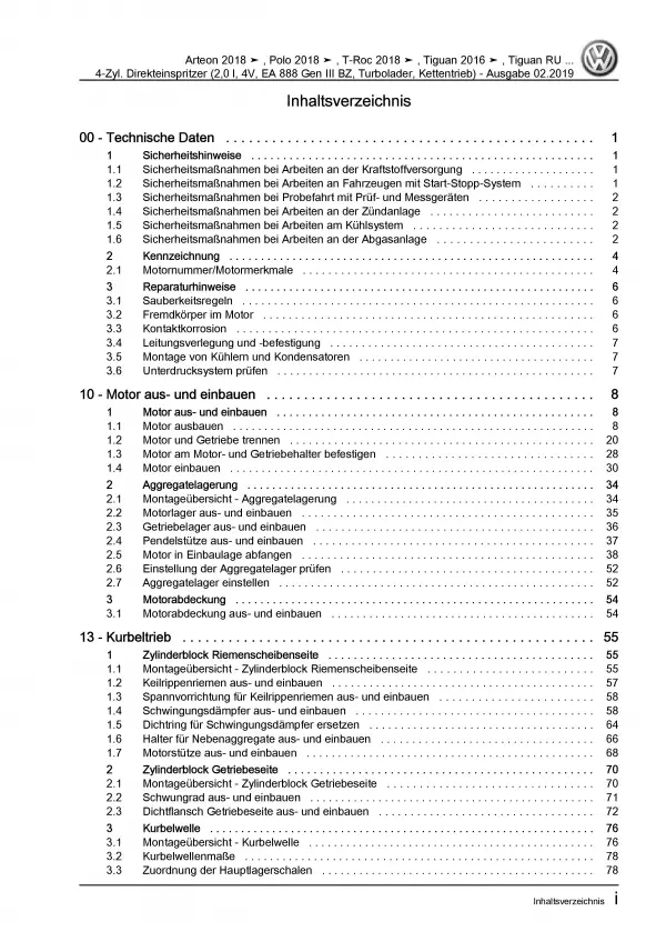 VW T-Roc A1 ab 2017 4-Zyl. 2,0l Benzinmotor 180-200 PS Reparaturanleitung PDF