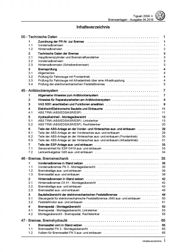 VW Tiguan Typ 5N 2007-2016 Bremsanlagen Bremsen System Reparaturanleitung PDF