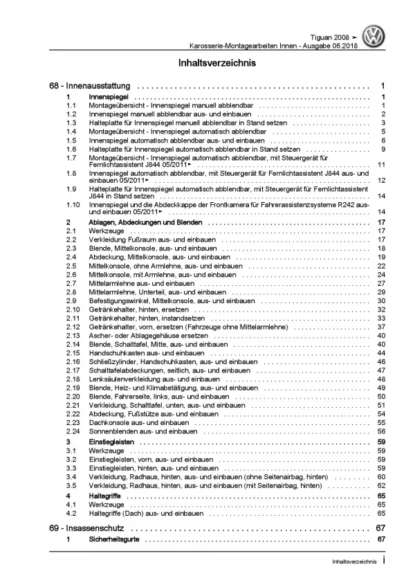 VW Tiguan 5N 2007-2016 Karosserie Montagearbeiten Innen Reparaturanleitung PDF