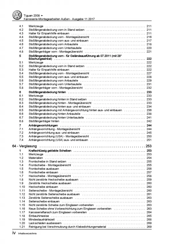 VW Tiguan Typ 5N 2007-2016 Karosserie Montagearbeiten Außen Reparaturanleitung