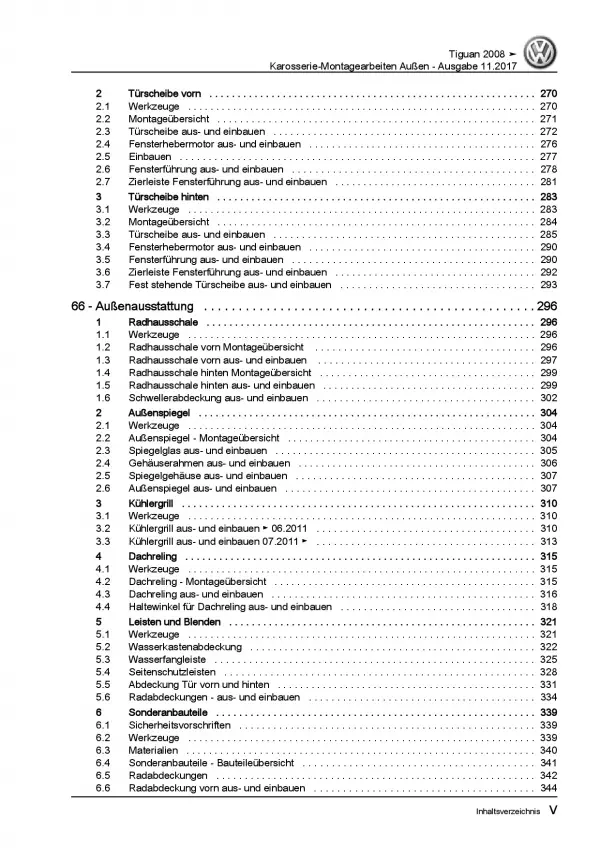 VW Tiguan Typ 5N (07-16) Karosserie Montagearbeiten Außen Reparaturanleitung PDF