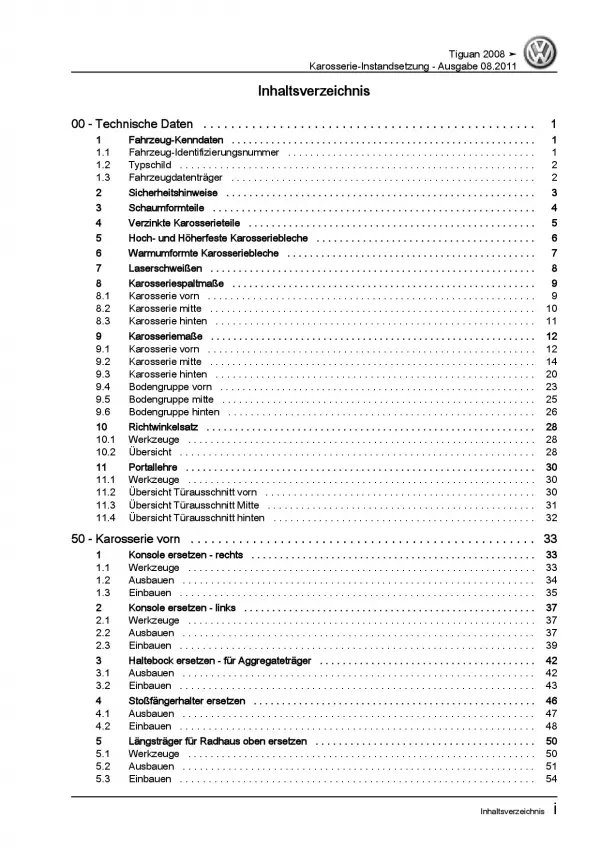 VW Tiguan Typ 5N (07-16) Karosserie Unfall Instandsetzung Reparaturanleitung PDF