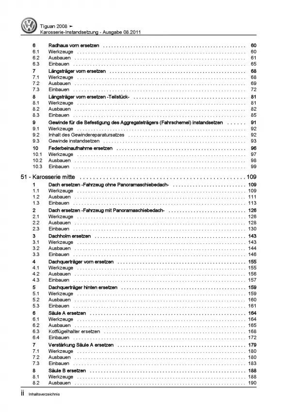 VW Tiguan Typ 5N (07-16) Karosserie Unfall Instandsetzung Reparaturanleitung PDF