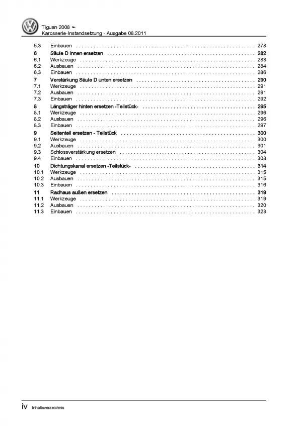 VW Tiguan Typ 5N (07-16) Karosserie Unfall Instandsetzung Reparaturanleitung PDF