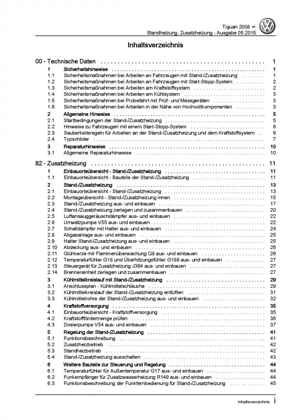 VW Tiguan Typ 5N 2007-2016 Standheizung Zusatzheizung Reparaturanleitung PDF