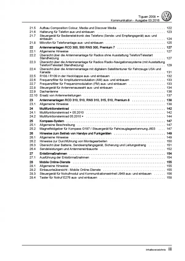 VW Tiguan Typ 5N 2007-2016 Radio Navigation Kommunikation Reparaturanleitung PDF