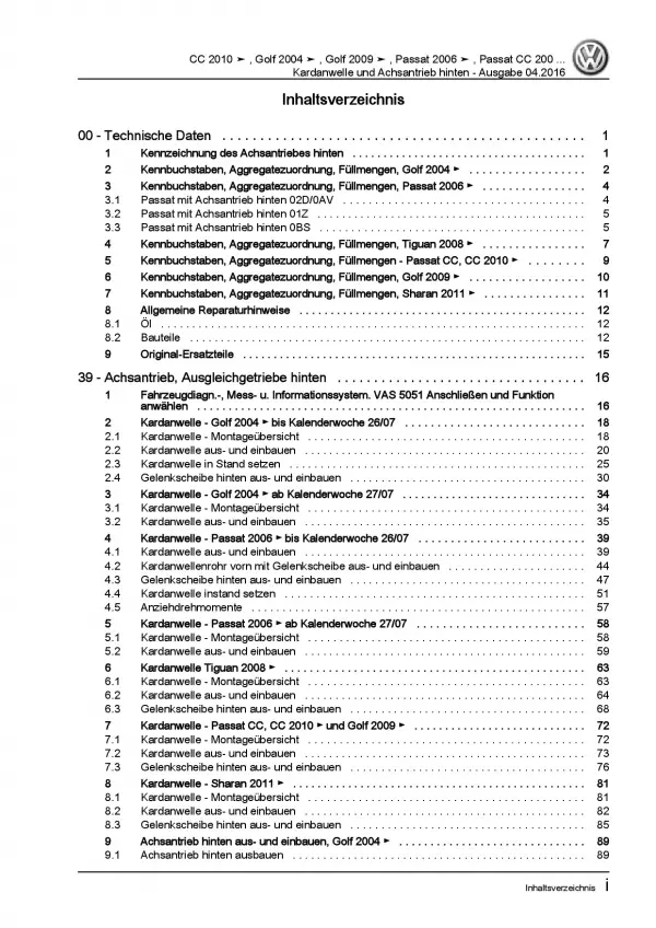 VW Tiguan Typ 5N 2007-2016 Kardanwelle Achsantrieb hinten Reparaturanleitung PDF