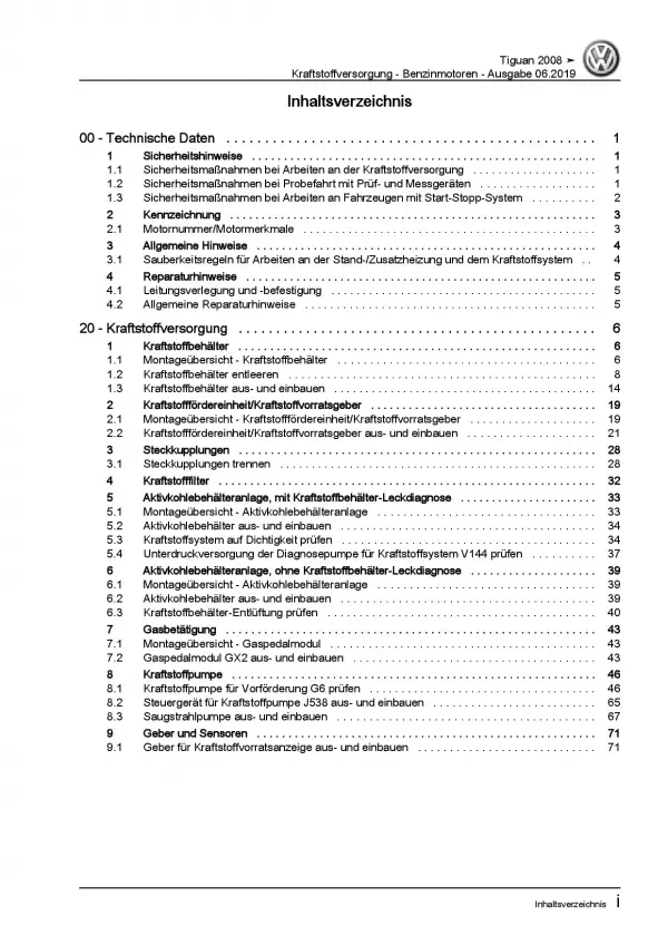 VW Tiguan 5N 2007-2016 Kraftstoffversorgung Benzinmotoren Reparaturanleitung PDF