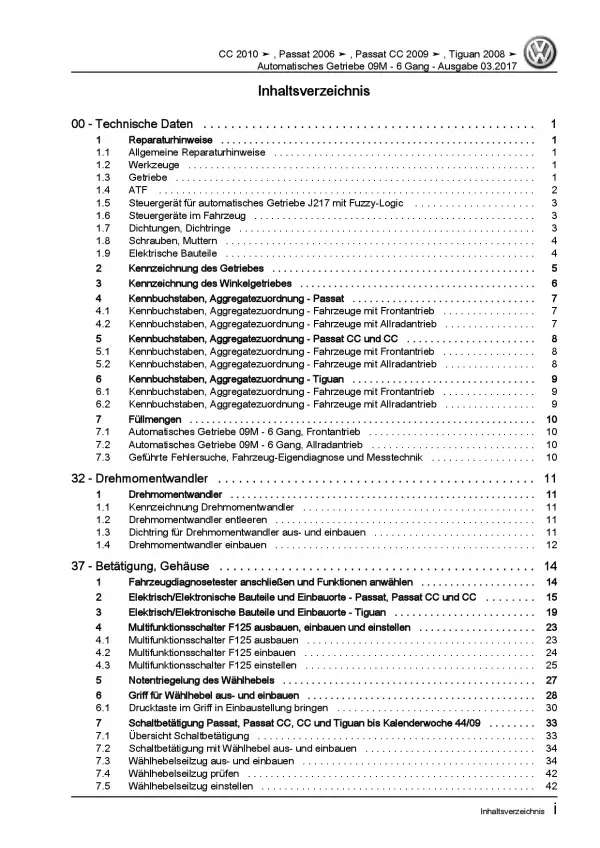 VW Tiguan Typ 5N 2007-2016 6 Gang Automatikgetriebe 09M Reparaturanleitung PDF