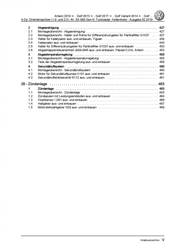 VW Tiguan AD ab 2016 1,8l 2,0l Benzinmotor 179-290 PS Reparaturanleitung PDF