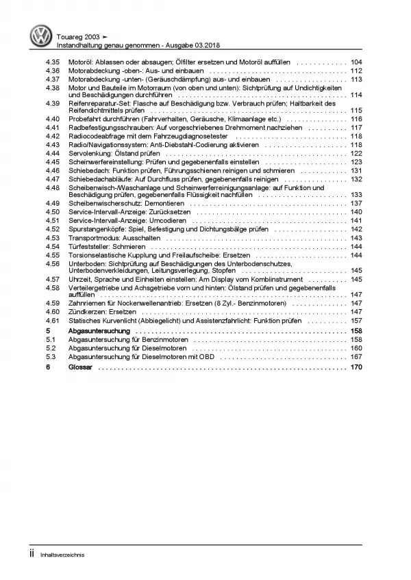 VW Touareg 7L (02-10) Instandhaltung Inspektion Wartung Reparaturanleitung PDF