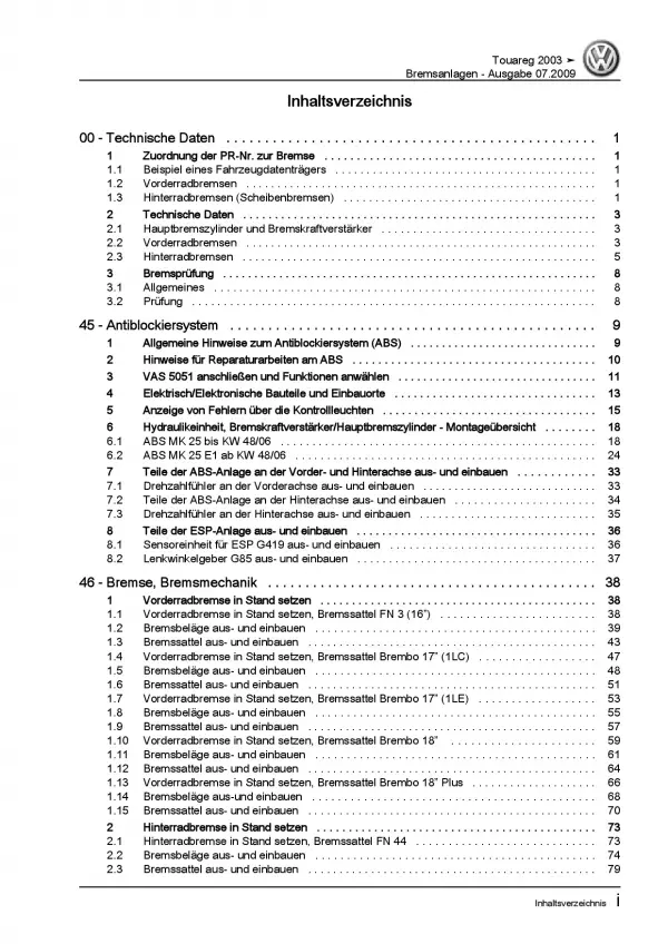 VW Touareg Typ 7L (02-10) Bremsanlagen Bremsen System Reparaturanleitung PDF