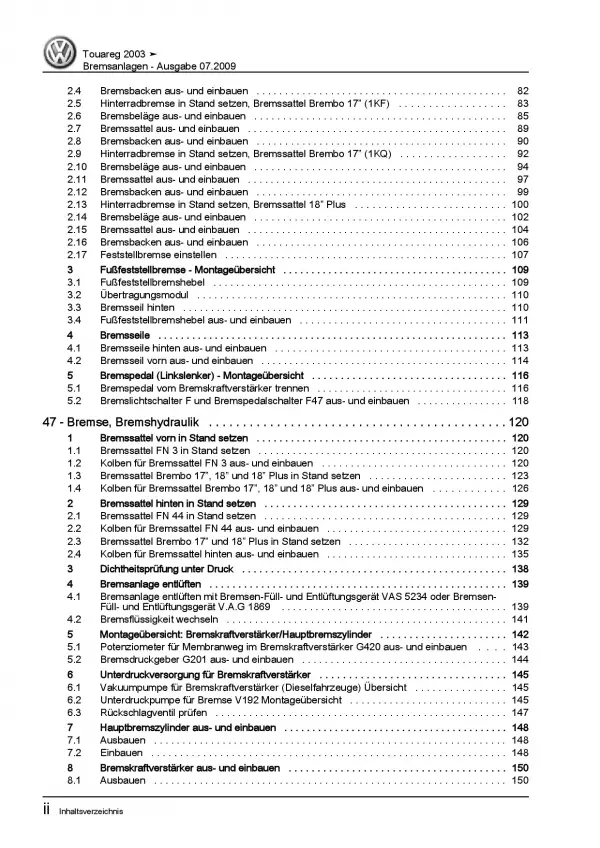 VW Touareg Typ 7L (02-10) Bremsanlagen Bremsen System Reparaturanleitung PDF