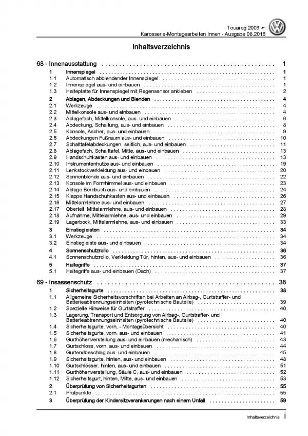 VW Touareg 7L (02-10) Karosserie Montagearbeiten Innen Reparaturanleitung PDF