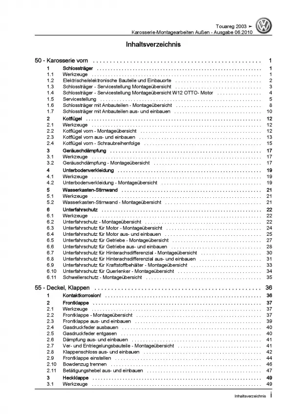 VW Touareg 7L (02-10) Karosserie Montagearbeiten Außen Reparaturanleitung PDF