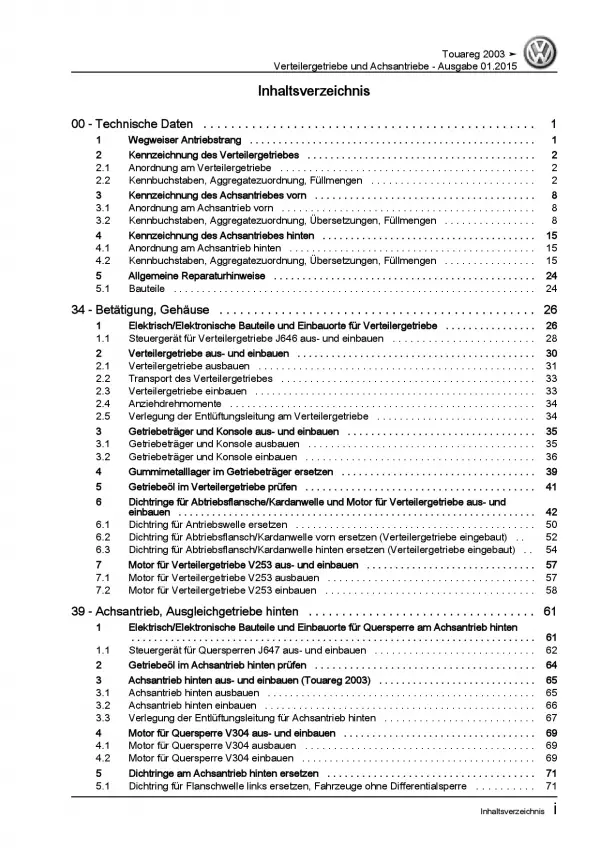 VW Touareg Typ 7L 2002-2010 Verteilergetriebe Achsantrieb Reparaturanleitung PDF